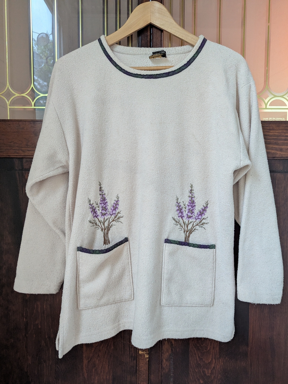 Acorn Cream Sweater with Purple Floral Embroidery